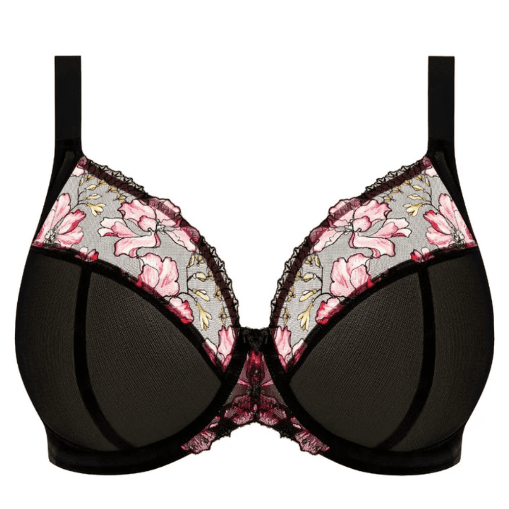 Elomi teagan plunge bra in rainbow, white background, close-up.