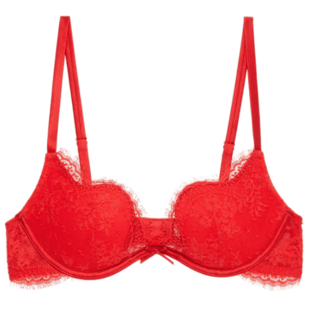 Fleur du mal frankie lace seduce u-plunge bra in rouge, close-up on white background.