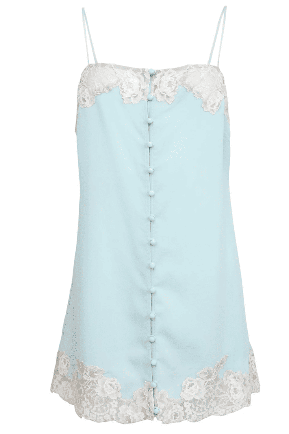 Fleur du mal juliet lace button slip in frosted mint, close-up on white background.
