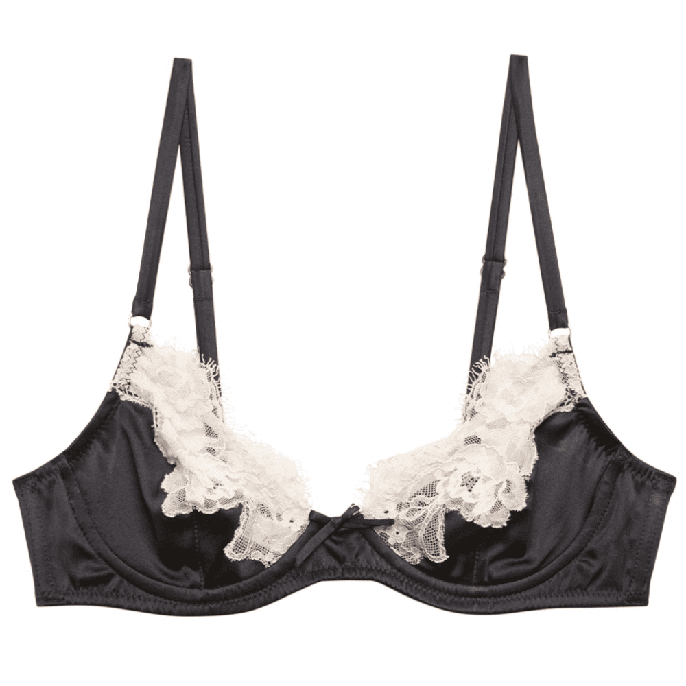 Fleur du mal juliet lace demi bra in black and white, close-up on white background.
