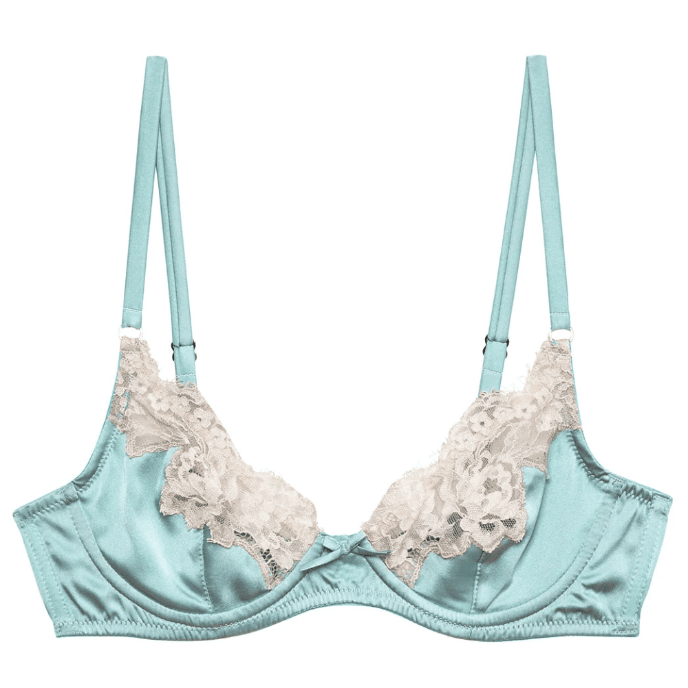 Fleur du mal juliet lace demi bra in frosted mint, close-up on white background.
