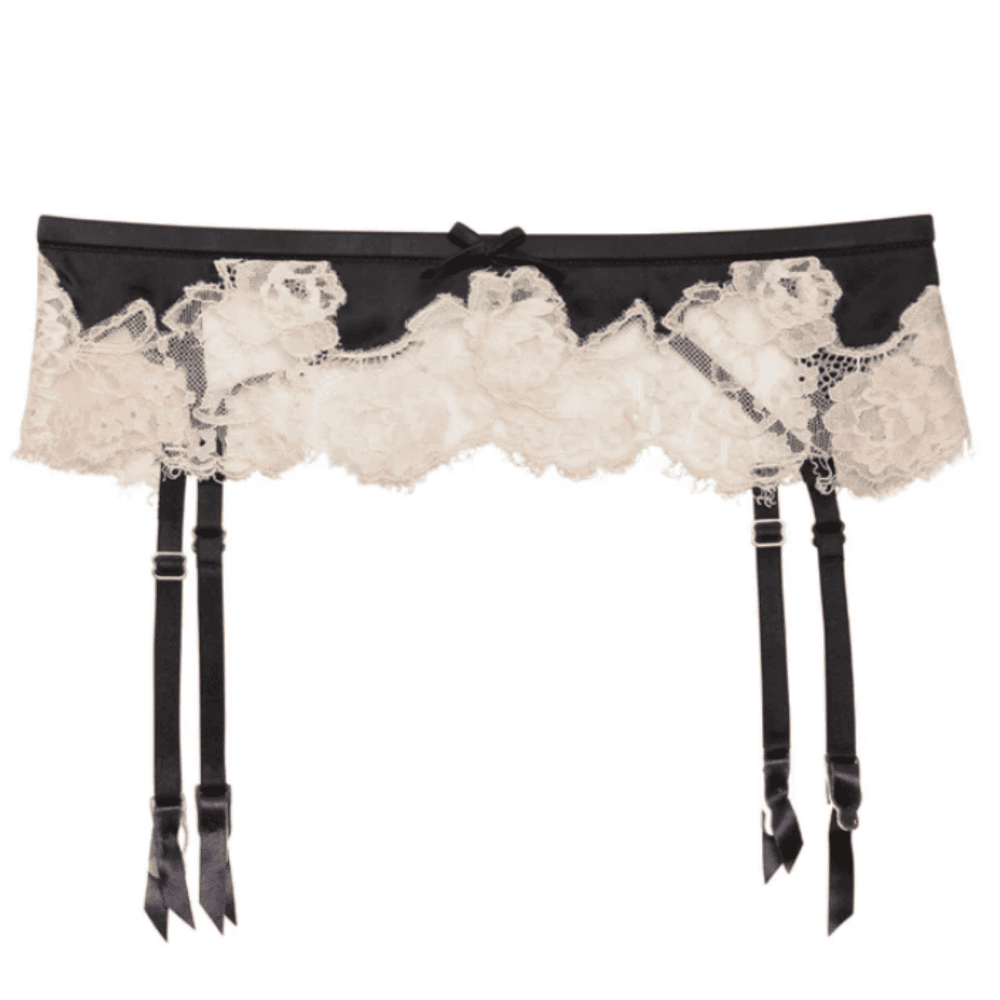Fleur du mal juliet lace garter belt in black and white, close-up on white background.