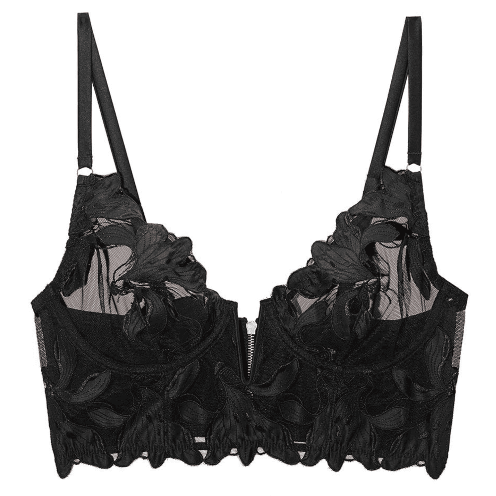 Fleur du mal lily embroidery longline demi bra in black, close-up on white background.