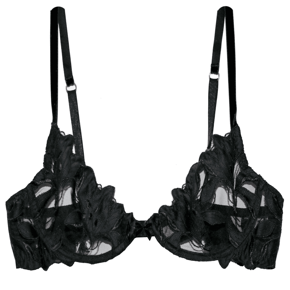 Fleur du mal lily embroidery plunge demi bra in black, close-up on white background.