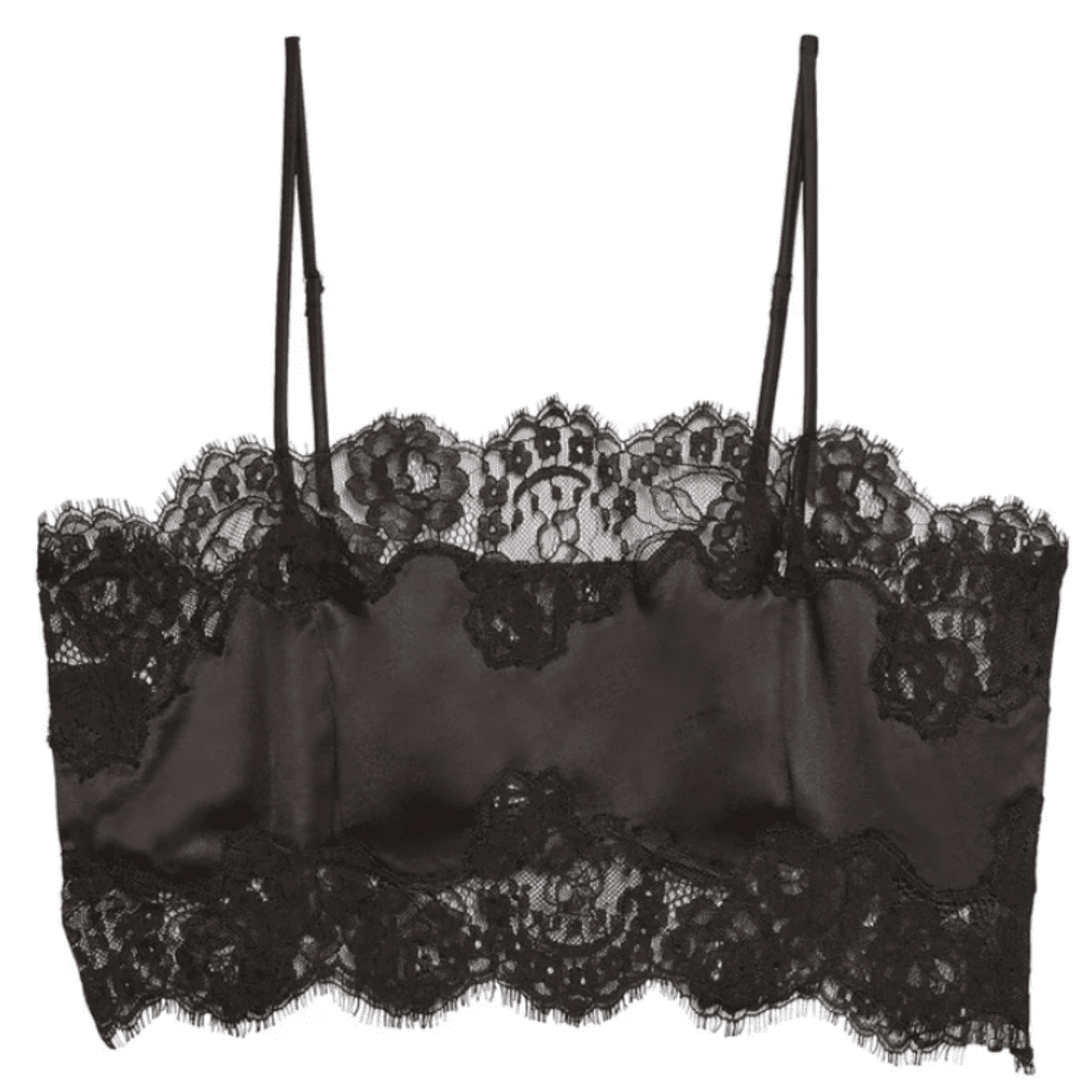 Fleur du mal silk and lace bandeau top in black, close-up on white background.