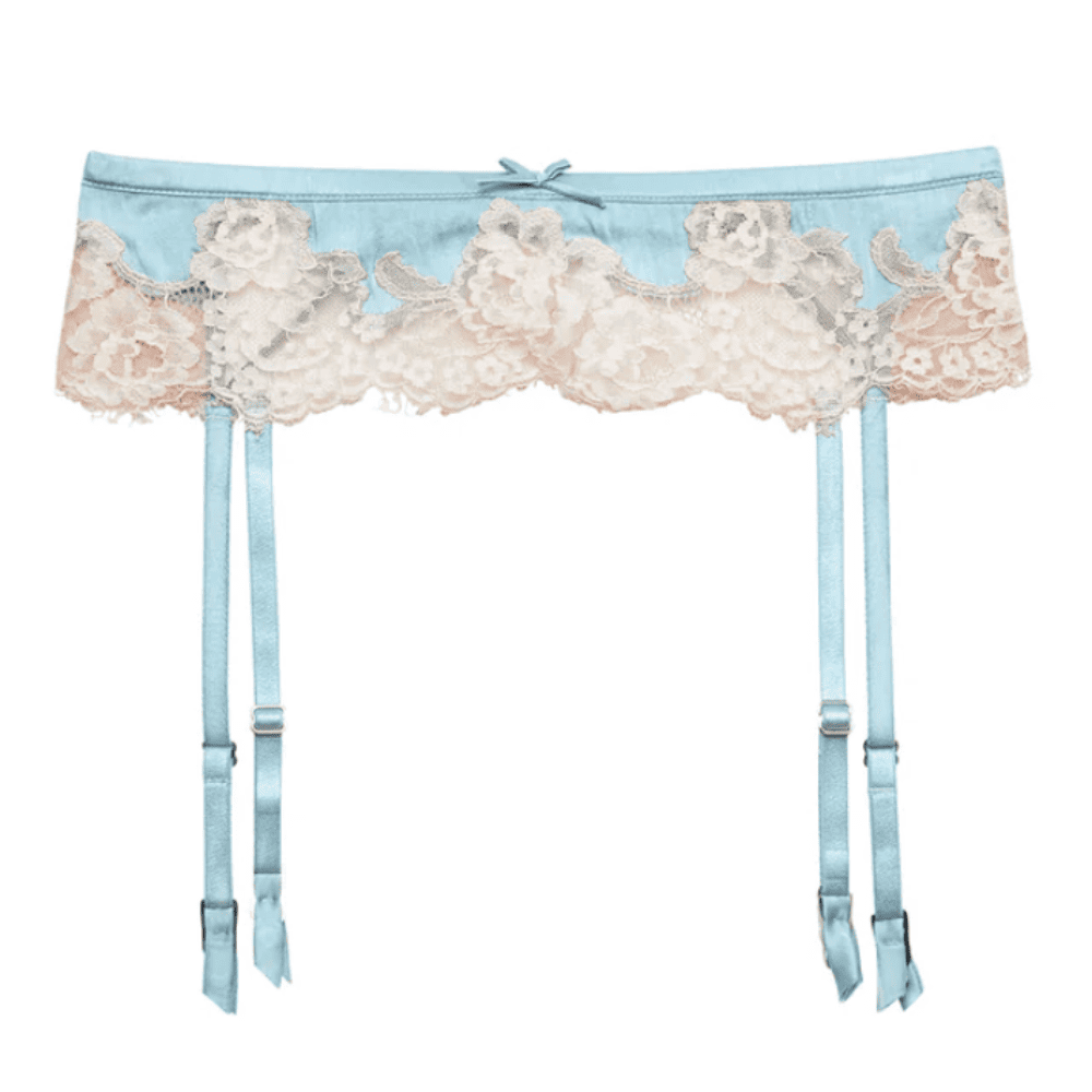Fleur du mal juliet lace garter belt in frosted mint, close-up on white background.