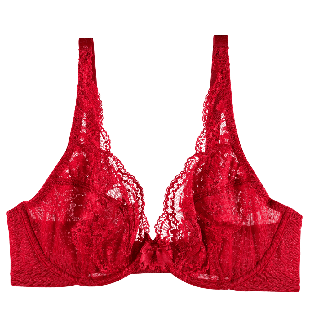 Panache heidi plunge bra in ruby red, close-up on white background.