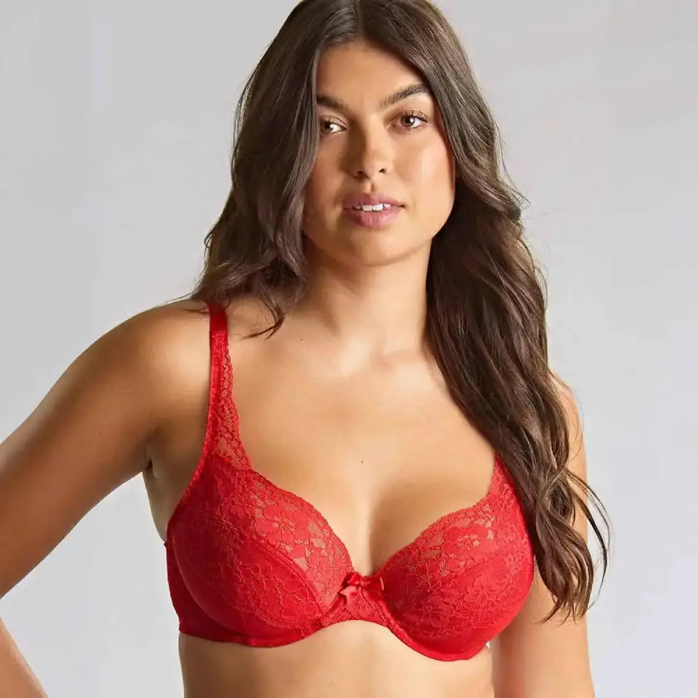 Panache heidi plunge bra in ruby red, front view on a model, close-up.