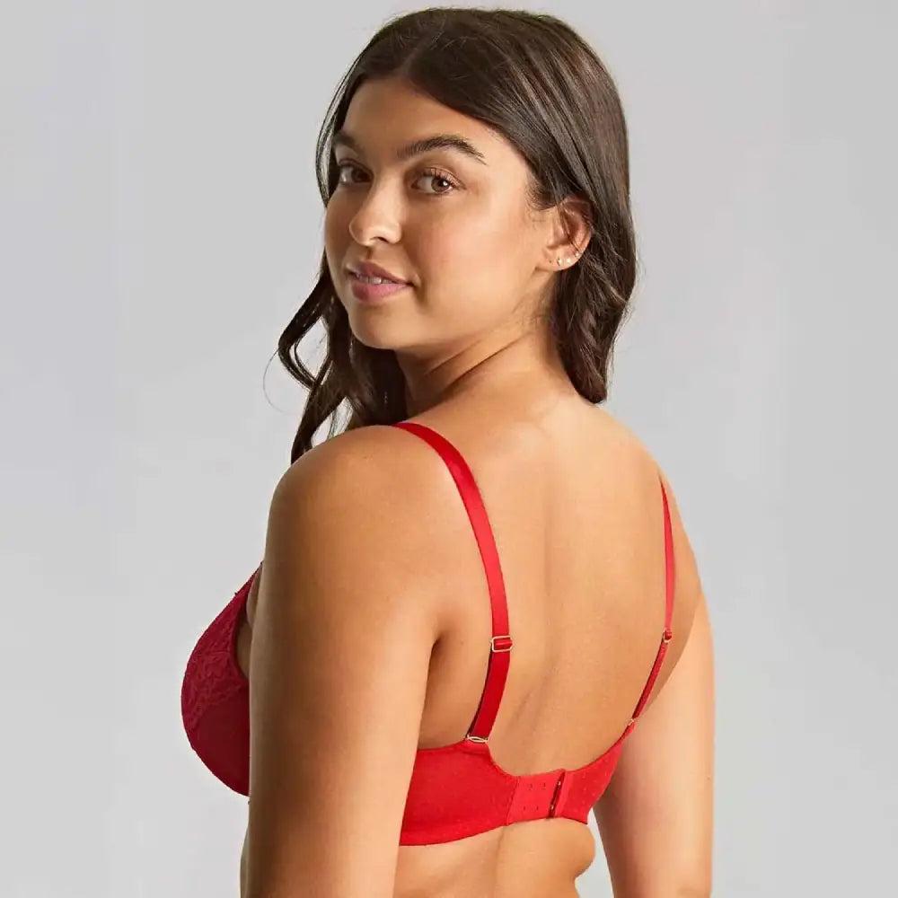 Panache heidi plunge bra in ruby red, back view on a model, close-up.