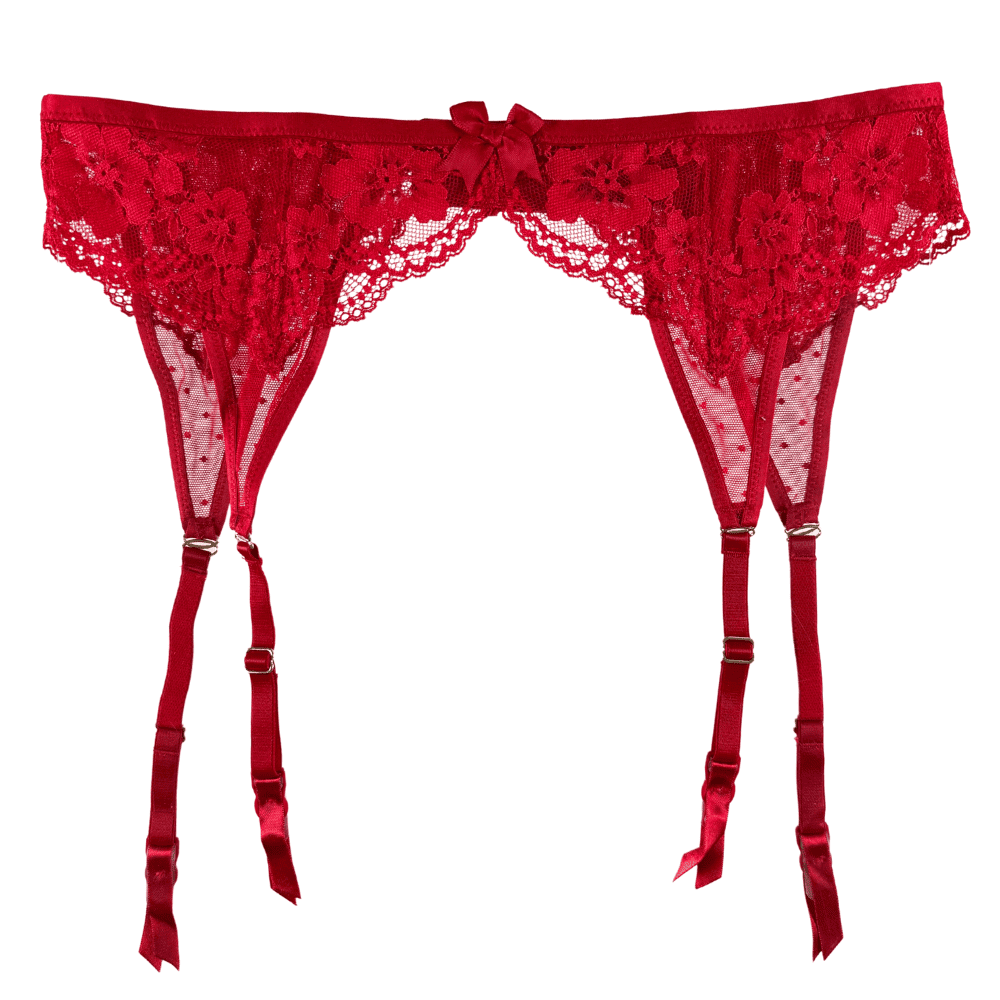 Panache heidi suspender in ruby red, on a white background, close-up.