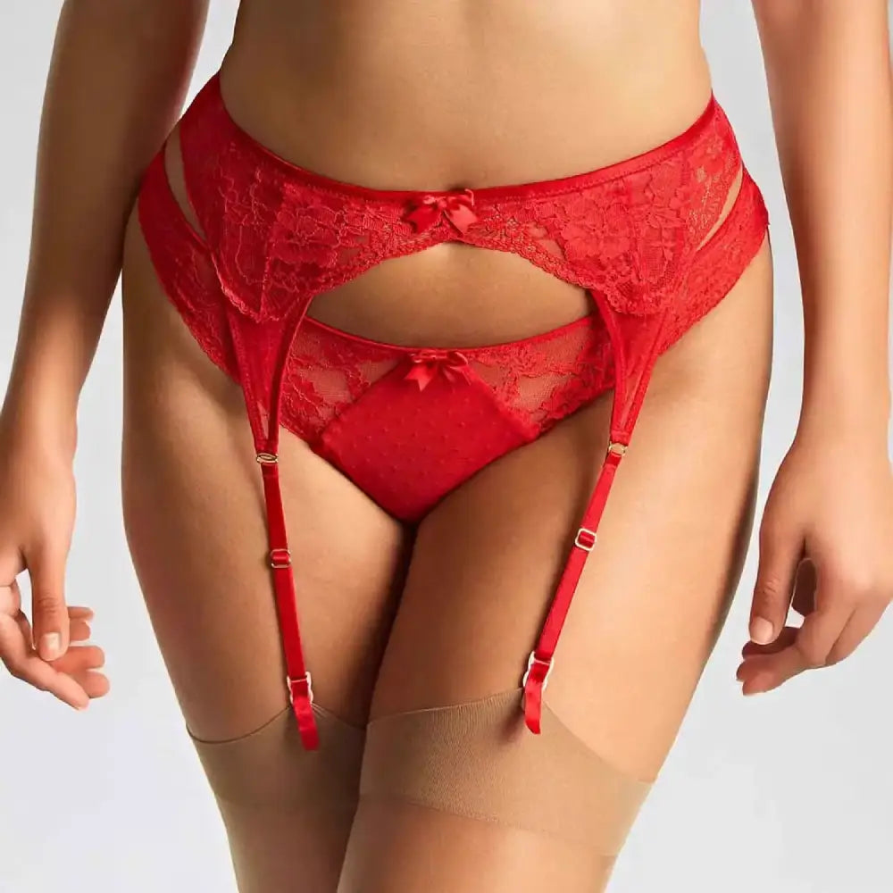 Panache heidi suspender in ruby red, on a model, front view, close-up.