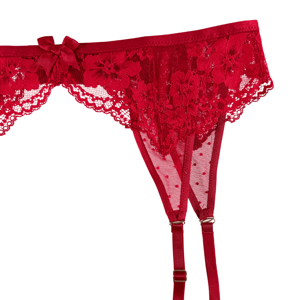 Panache heidi suspender in ruby red, detailed close-up view highlighting fabric texture and lace details.