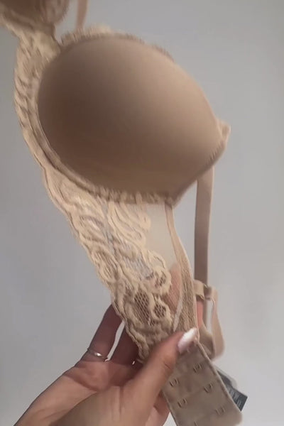 Natori Feathers contour plunge bra in cafe, close-up video showing fabric stretch.