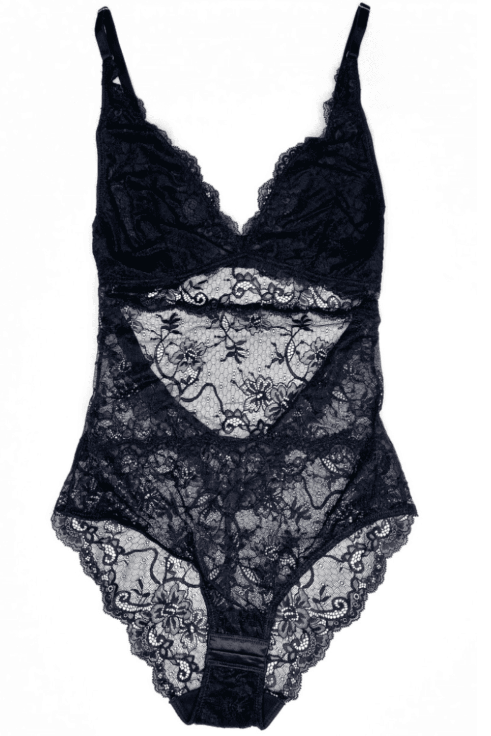 Samantha chang all lace amour bodysuit in black, front view on a model, close-up.