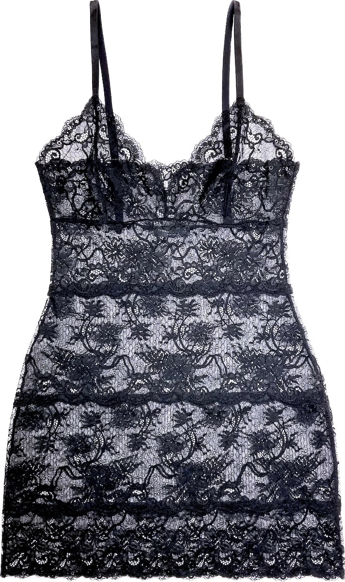 black lace chemise in front of a white background.