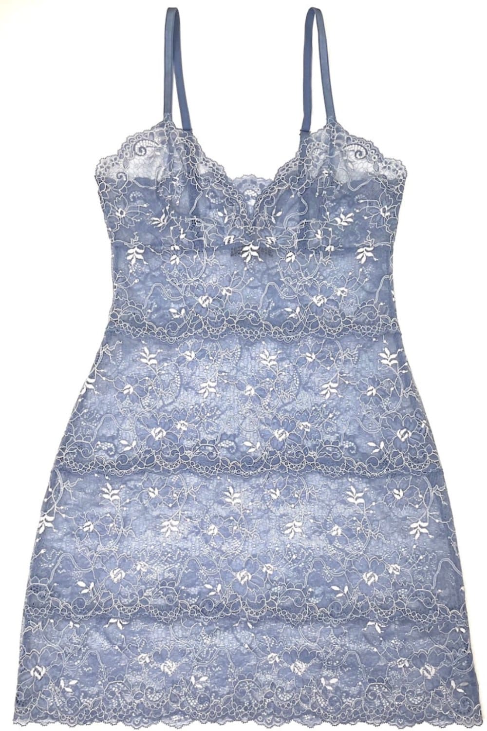 Samantha chang all lace amour full slip in french blue eggshell, front view on a model, close-up.