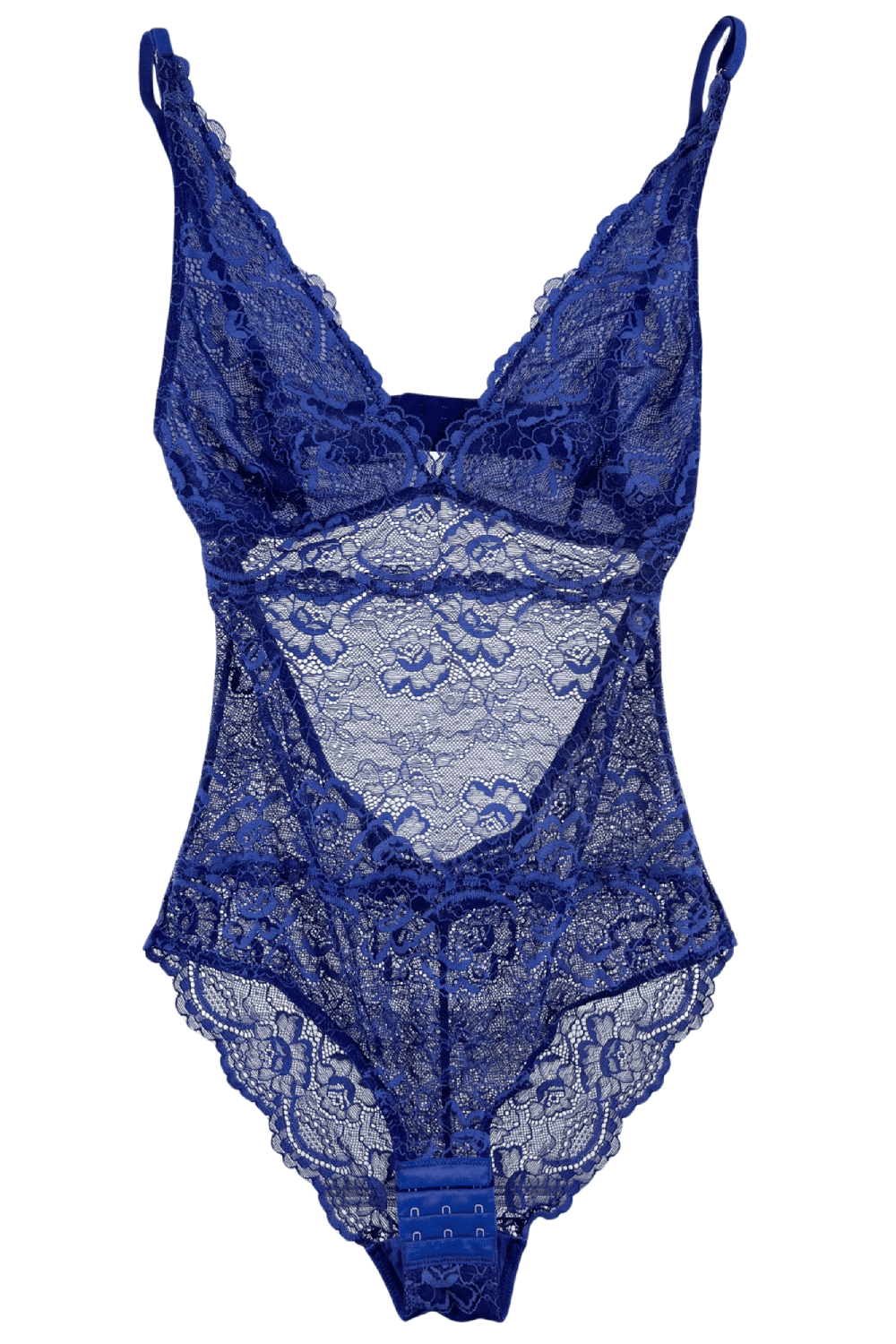 Samantha chang all lace bodysuit in lapis, close-up on white background.