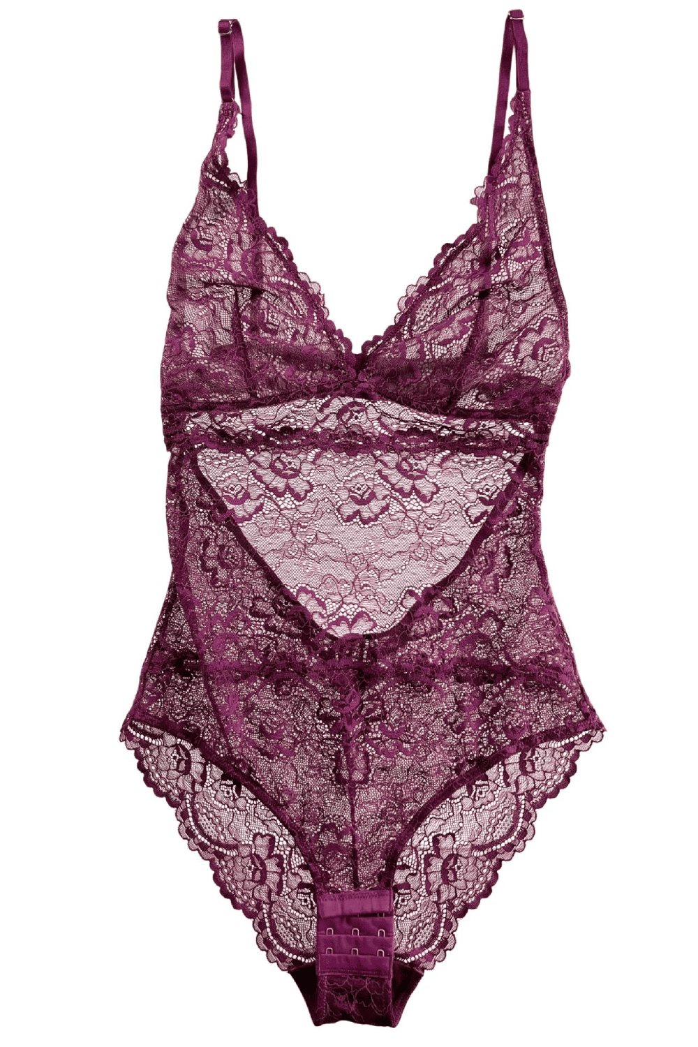 Samantha chang all lace bodysuit in rosewood, close-up on white background.