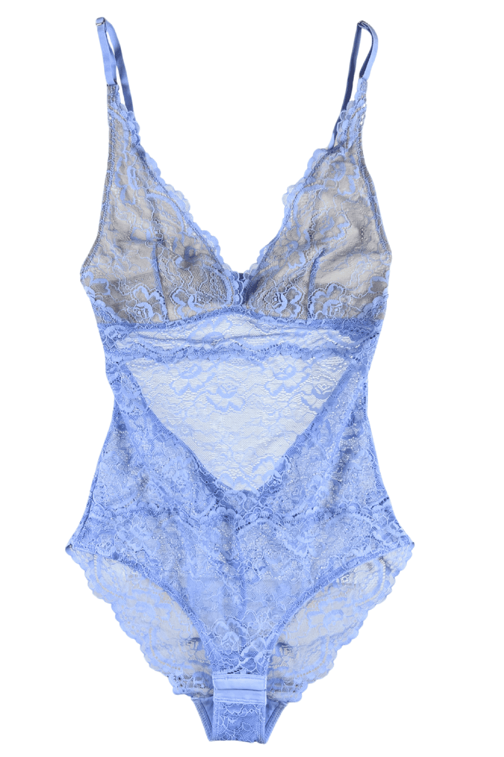 Samantha chang all lace bodysuit in serenity blue, close-up on white background.