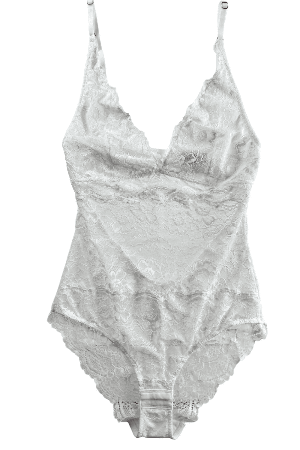 Samantha chang all lace bodysuit in white, close-up on white background.