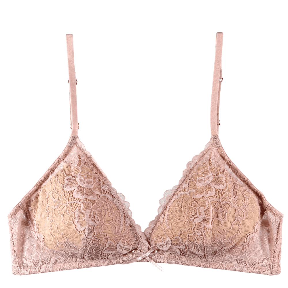 Samantha chang all lace classic bralette in cherry blossom, front view on white background, close-up.