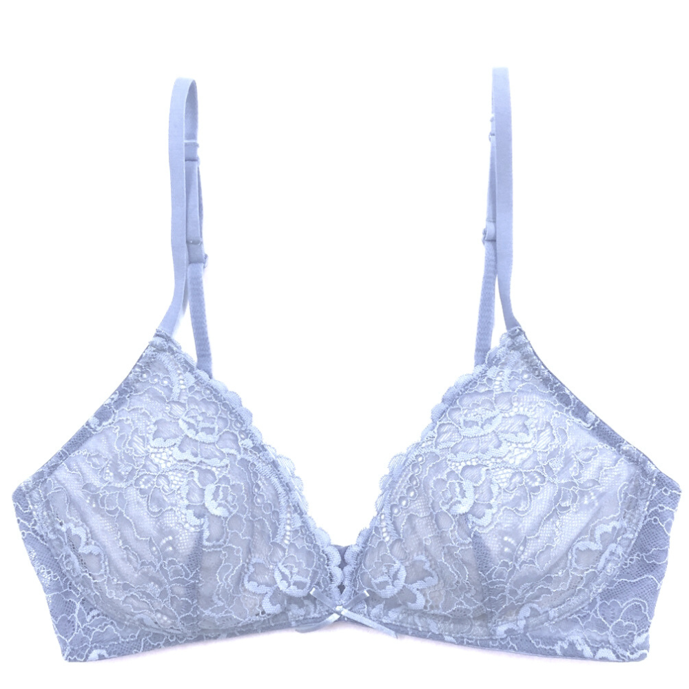 Light blue lace bra on a white background