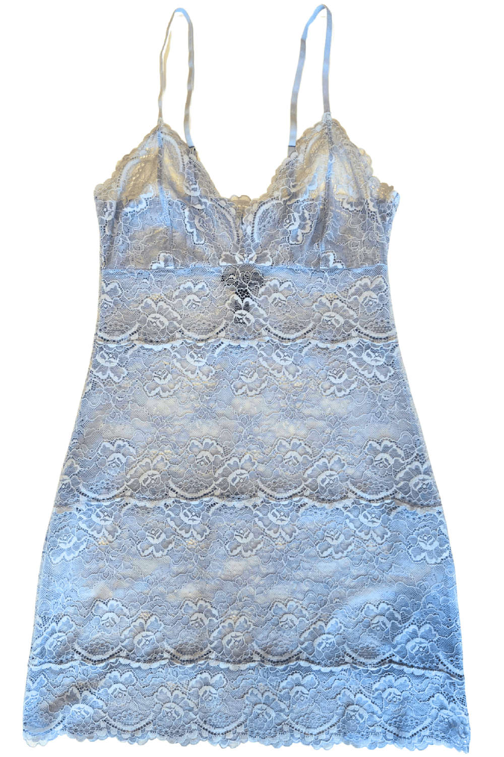 Samantha chang all lace classic chemise in serenity blue, close-up on white background, alternative lighting.