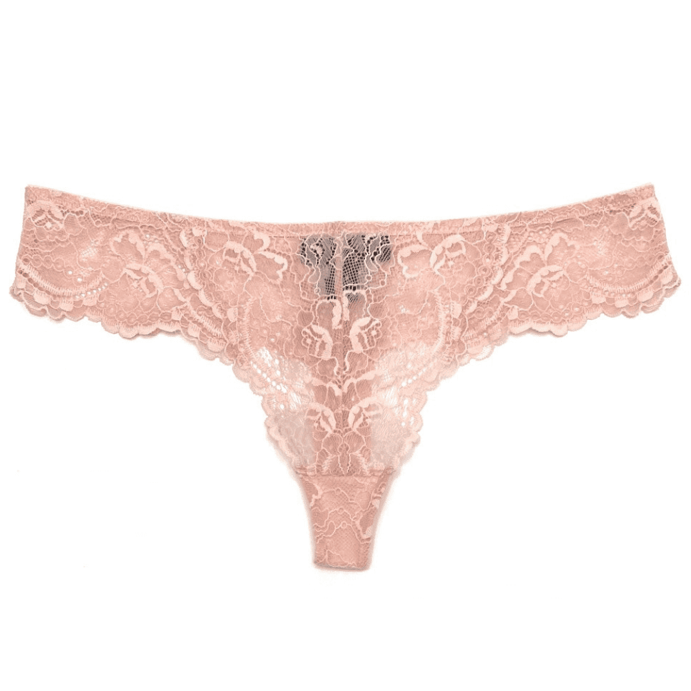 Samantha chang all lace classic thong in cherry blossom, front view on white background, close-up.