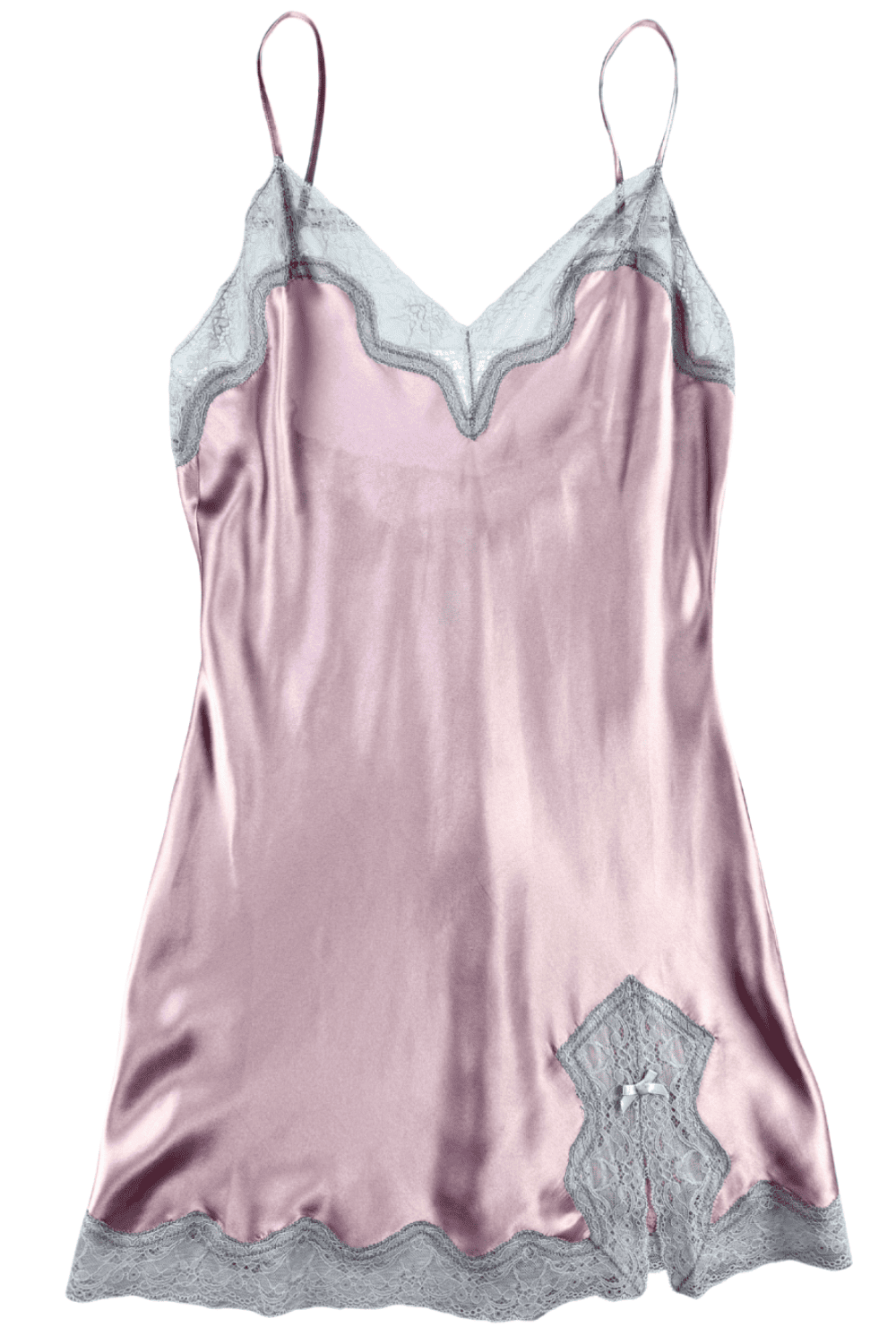 Samantha chang classic silk babydoll in dusk and silver lace, front view on white background, close-up.