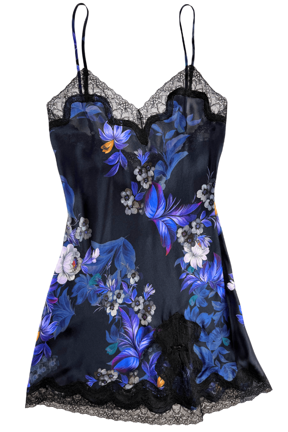 Samantha chang classic silk babydoll in enchanted blossoms, front view on white background, close-up.