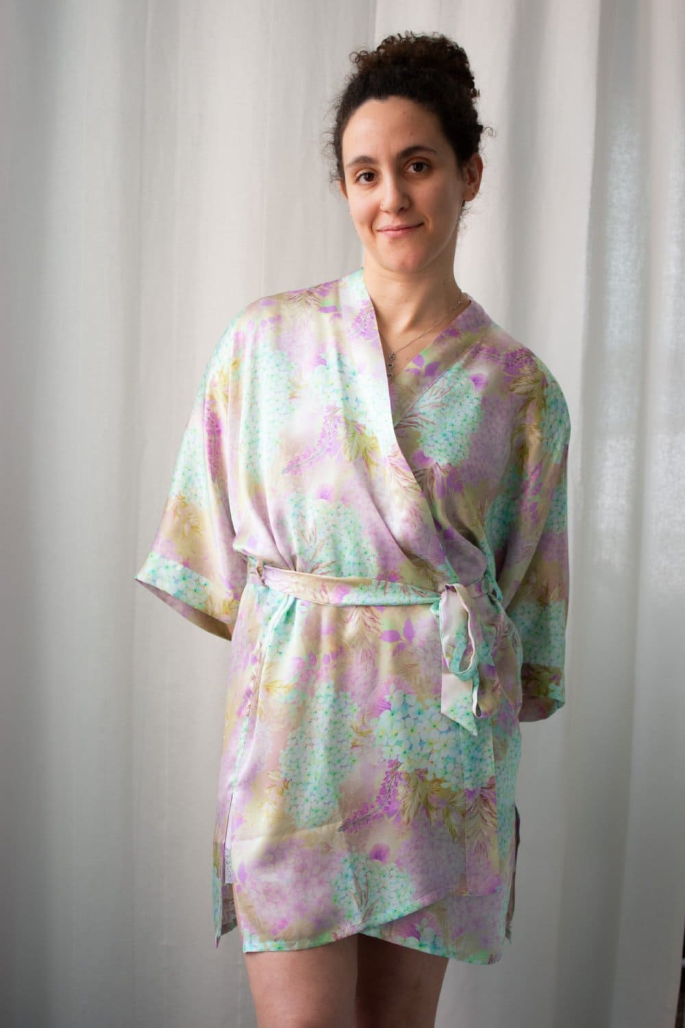 Samantha chang classic silk short kimono in forget me not, front view on a model.