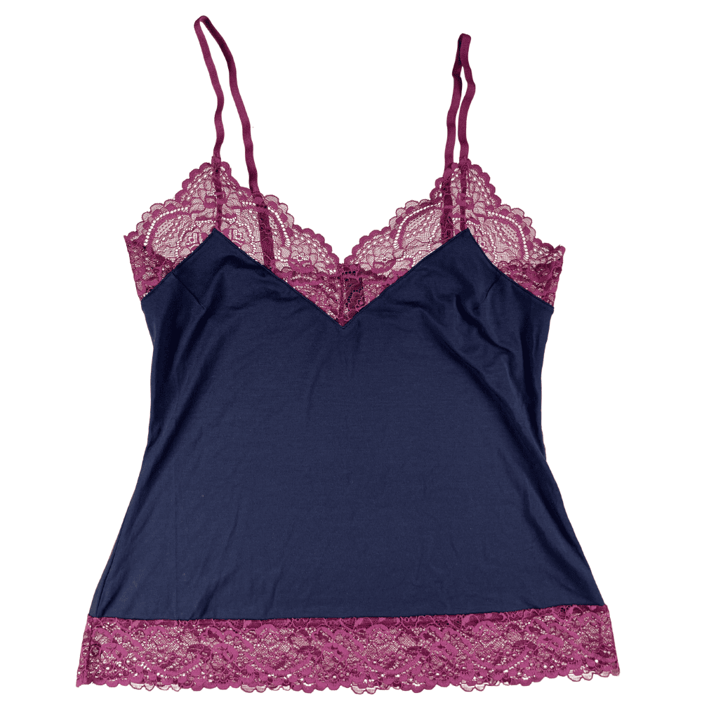 Samantha chang home apparel camisole in deep blue and rosewood, close-up on white background.