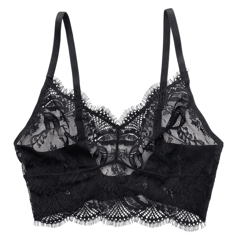 Samantha chang illusion longline wireless bra in black, close-up on white background.