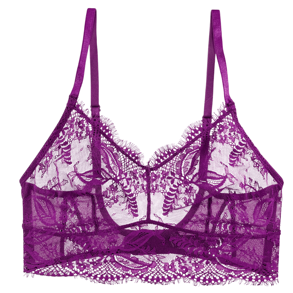 Samantha chang illusion longline wireless bra in dark berries, close-up on white background.