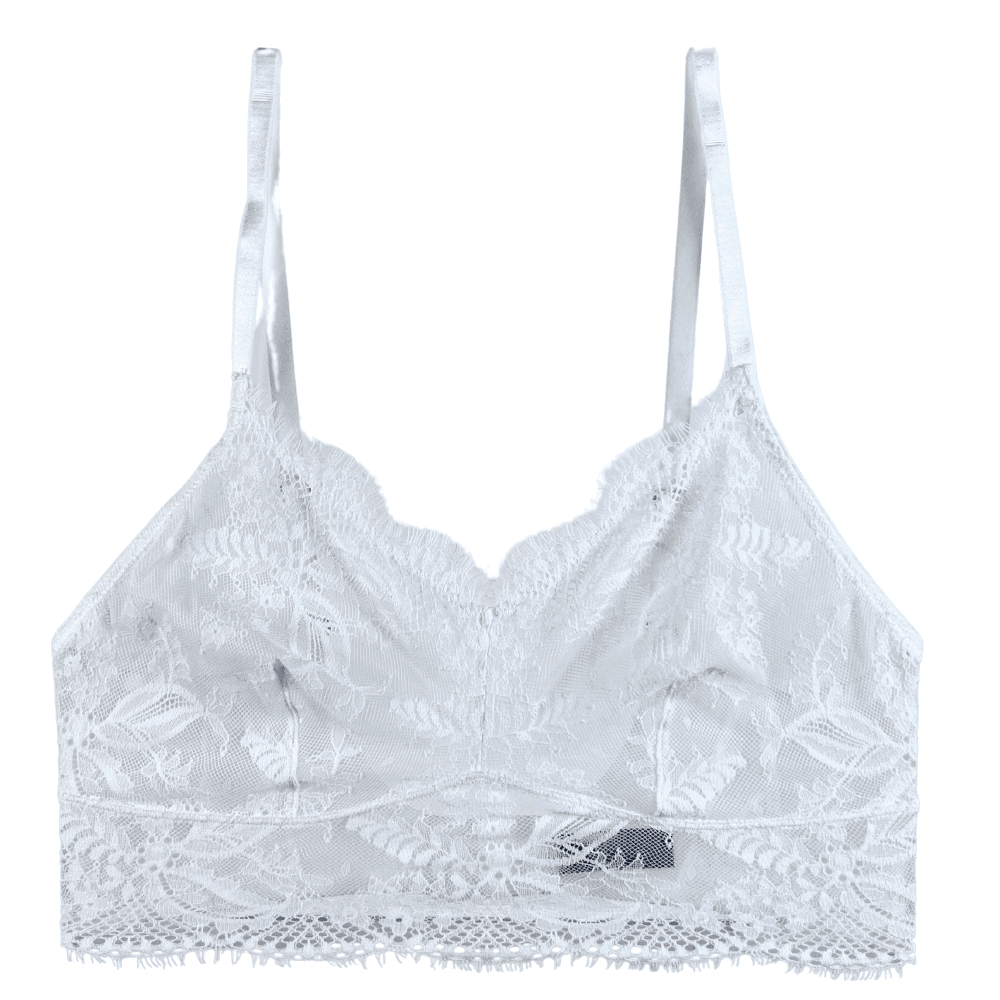 Samantha chang illusion longline wireless bra in ecru, close-up on white background.