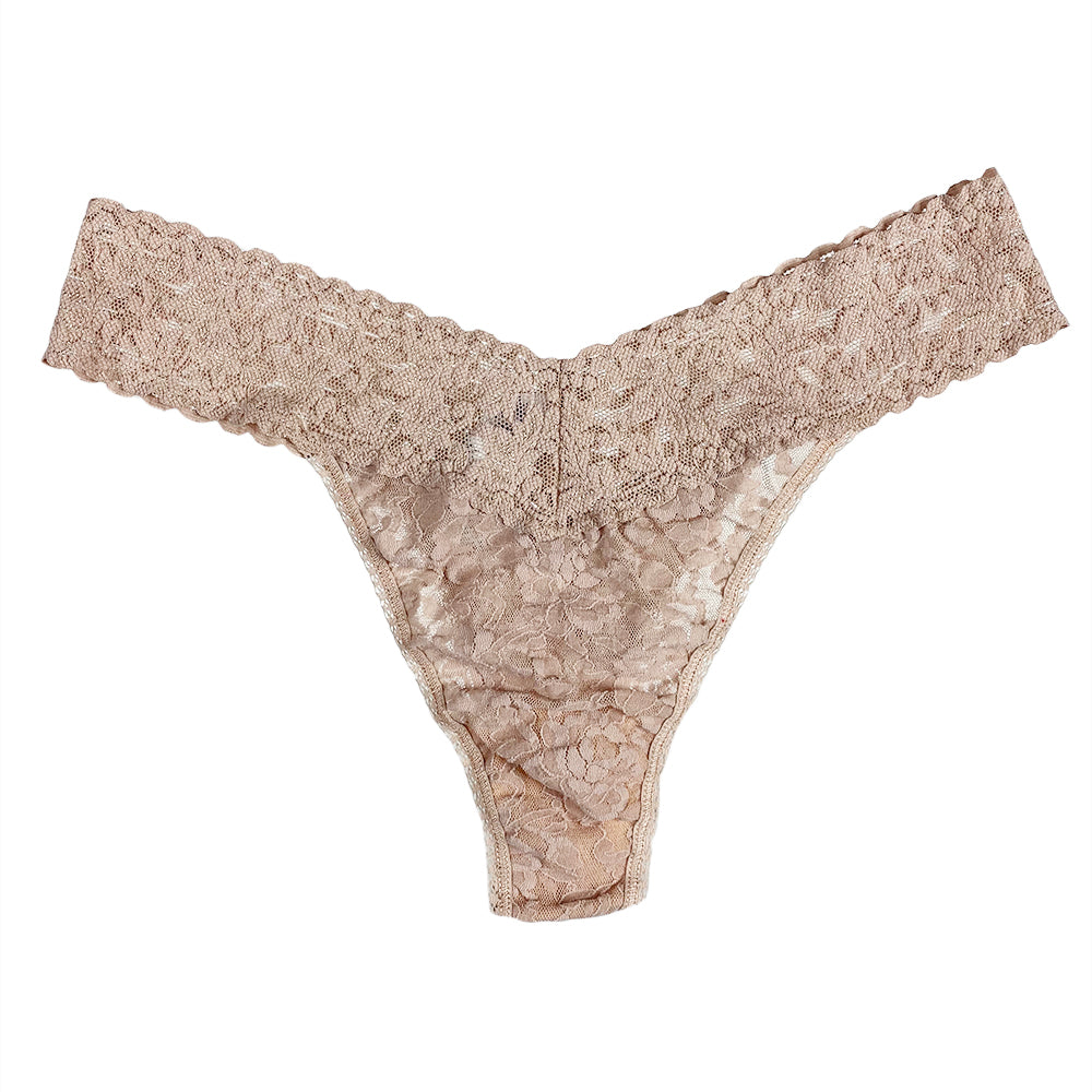 A pink Hanky Panky Signature Lace Original Rise Thong with a lace waistband and sides.