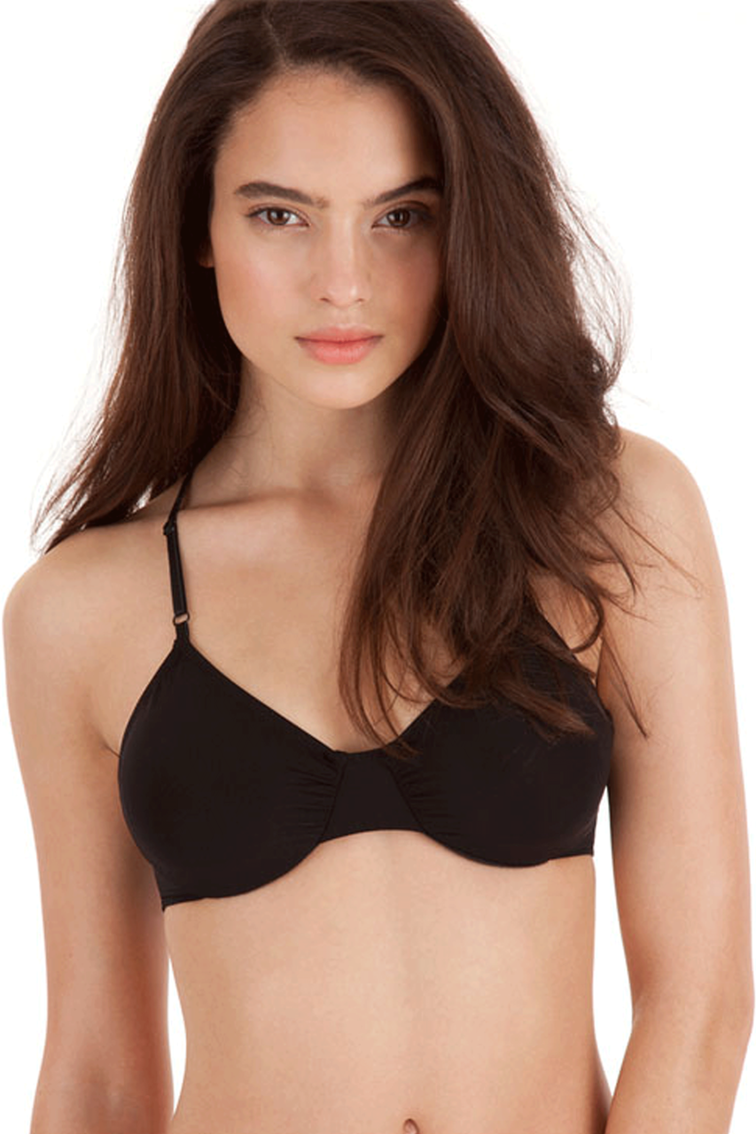 Model wearing black bra against a white background